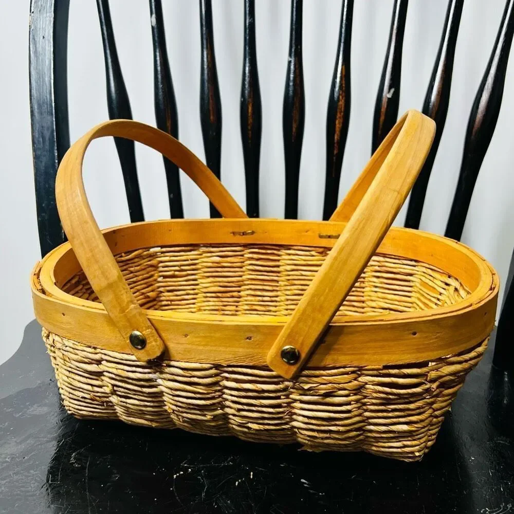 Brown Wooden Woven Double Handled Basket